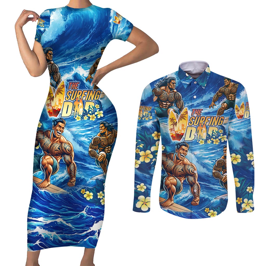 Hawaii Father's Day Couples Matching Short Sleeve Bodycon Dress and Long Sleeve Button Shirt The Surfing Dad Polynesian Tattoo