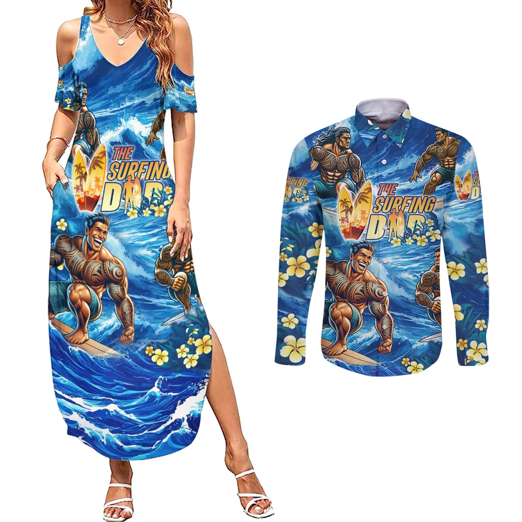 Hawaii Father's Day Couples Matching Summer Maxi Dress and Long Sleeve Button Shirt The Surfing Dad Polynesian Tattoo