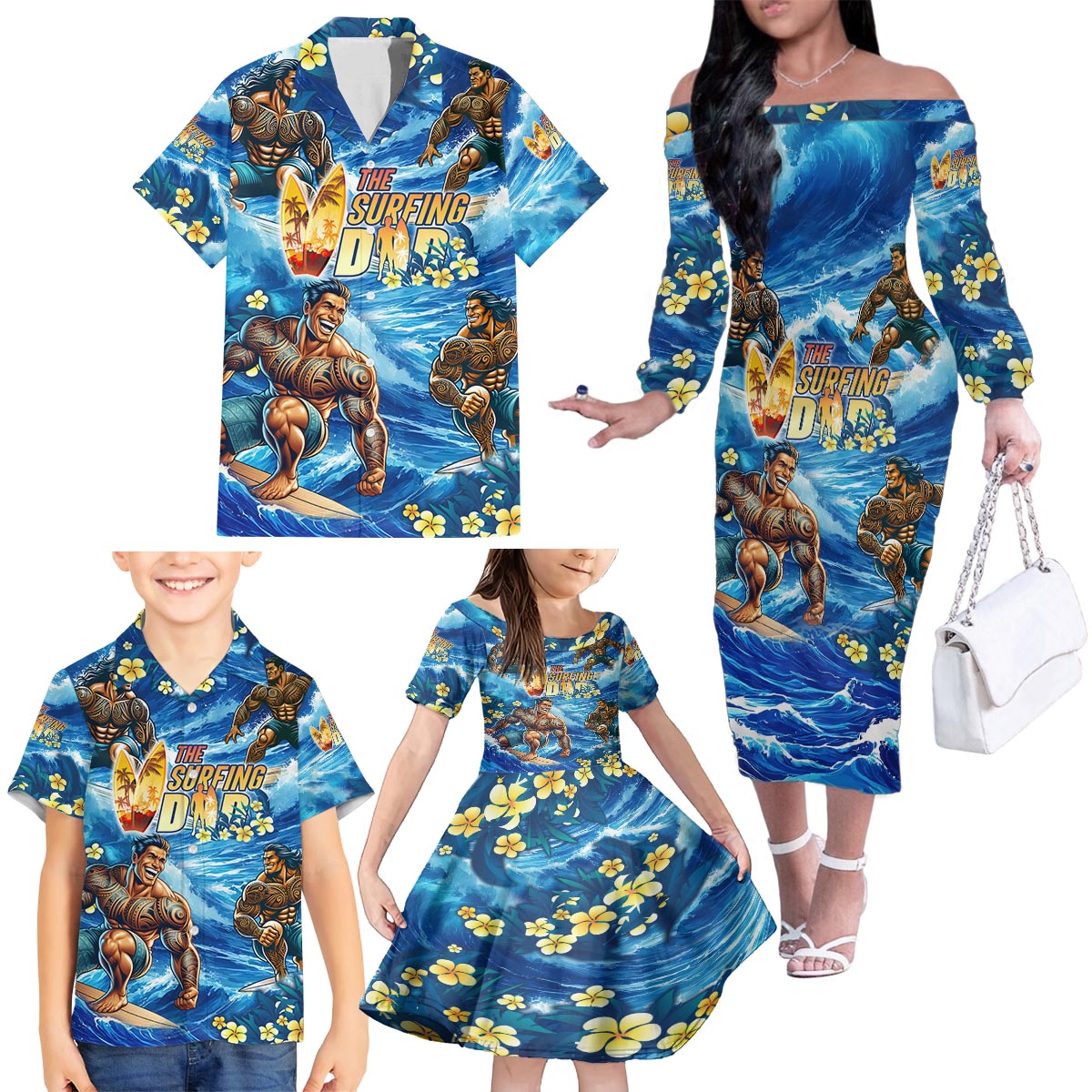 Hawaii Father's Day Family Matching Off The Shoulder Long Sleeve Dress and Hawaiian Shirt The Surfing Dad Polynesian Tattoo