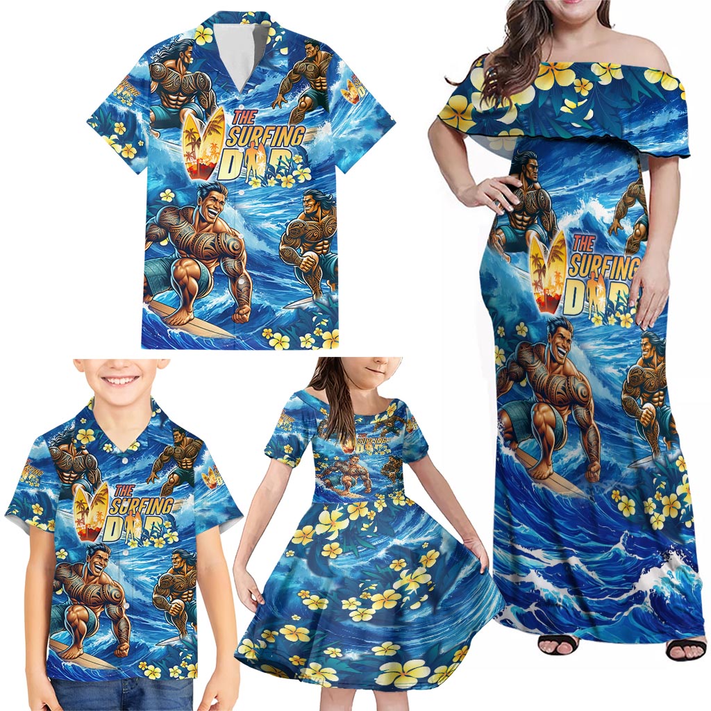 Hawaii Father's Day Family Matching Off Shoulder Maxi Dress and Hawaiian Shirt The Surfing Dad Polynesian Tattoo