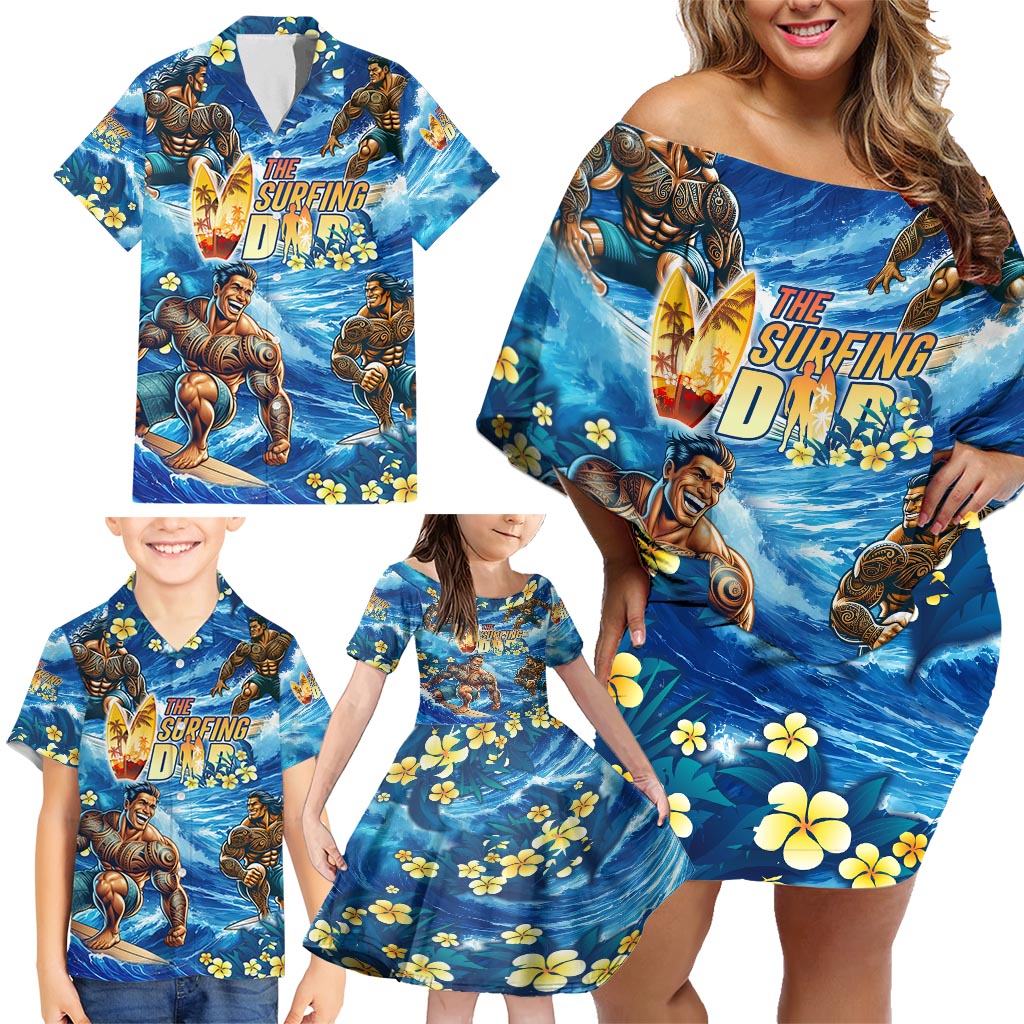 Hawaii Father's Day Family Matching Off Shoulder Short Dress and Hawaiian Shirt The Surfing Dad Polynesian Tattoo