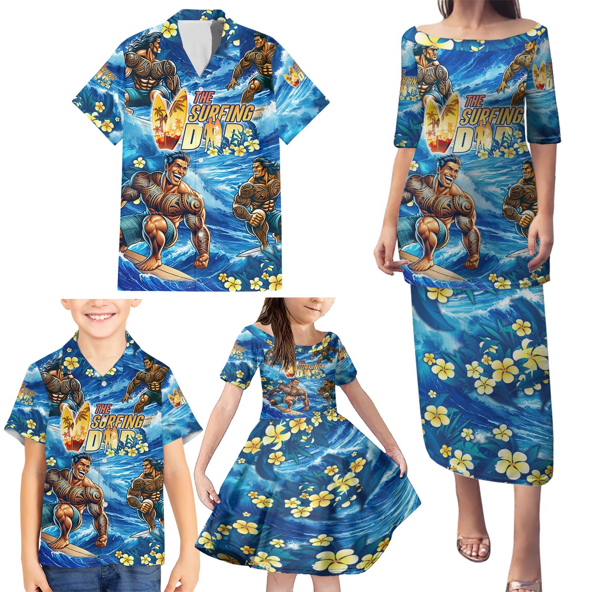 Hawaii Father's Day Family Matching Puletasi and Hawaiian Shirt The Surfing Dad Polynesian Tattoo DT02 - Polynesian Pride