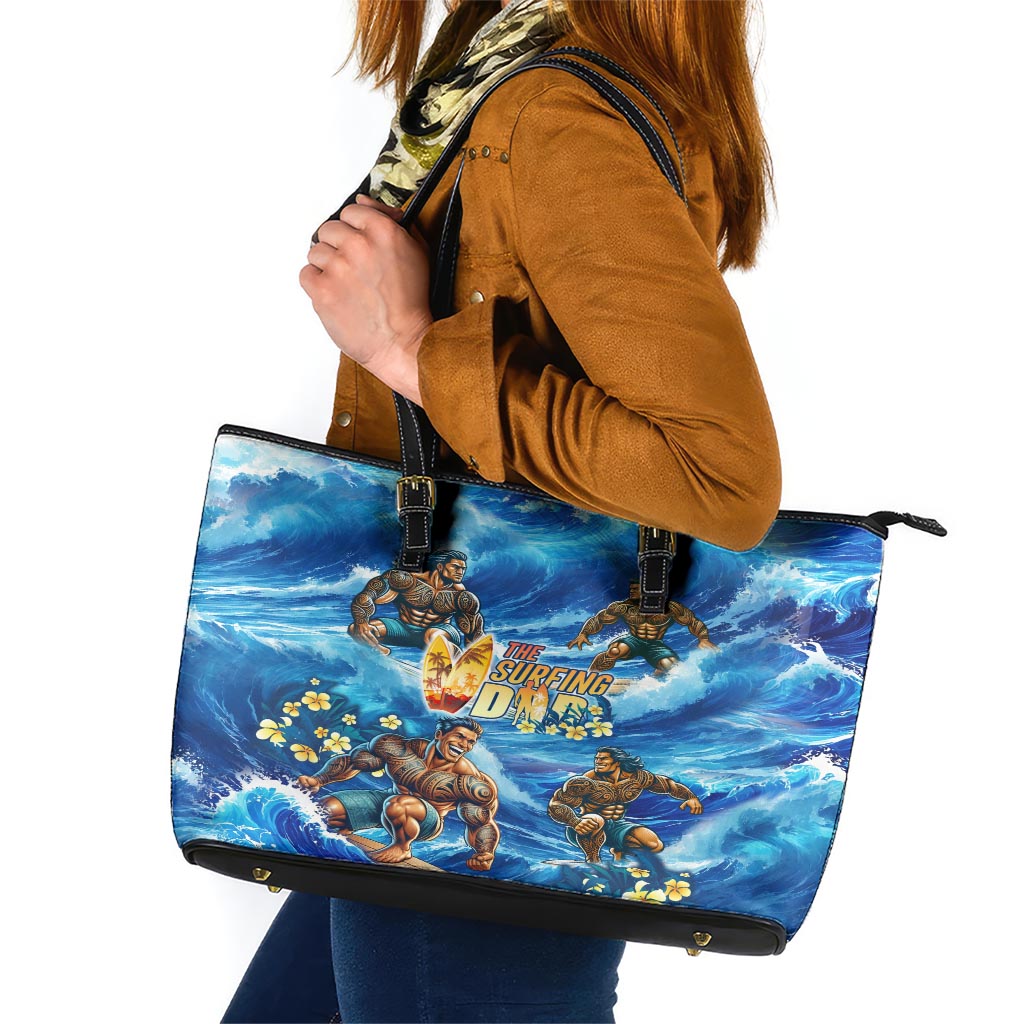 Hawaii Father's Day Leather Tote Bag The Surfing Dad Polynesian Tattoo DT02 Blue - Polynesian Pride
