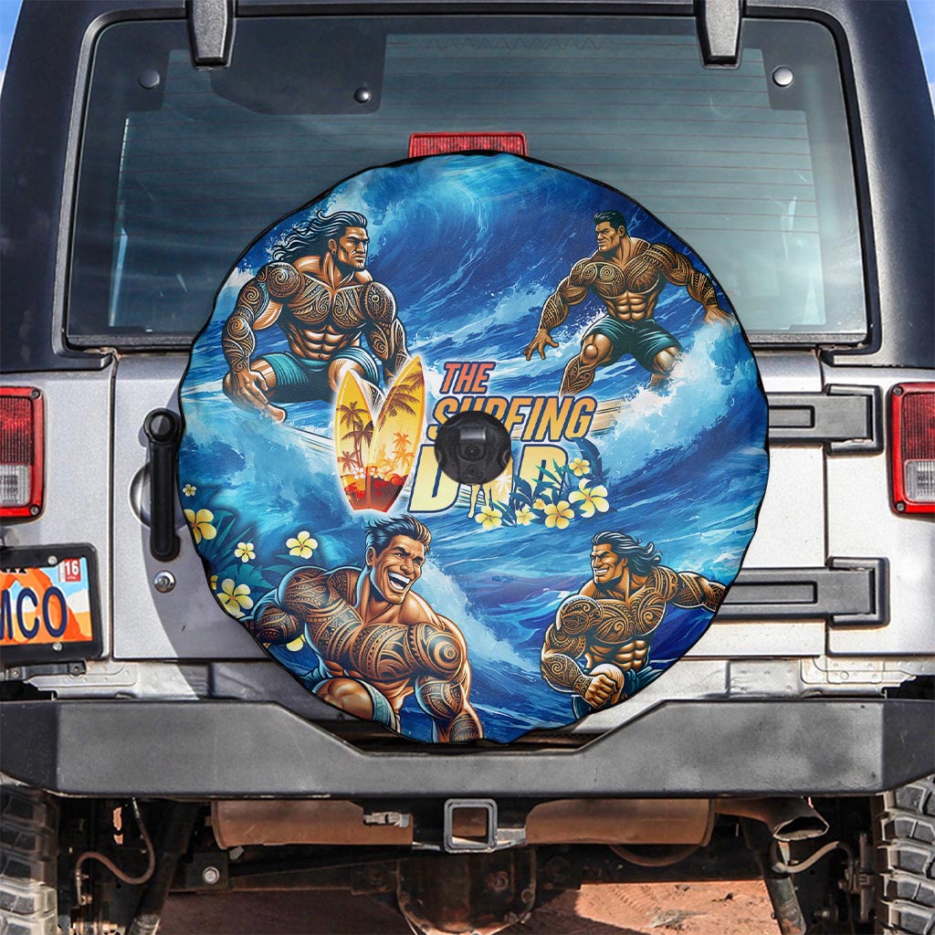 Hawaii Father's Day Spare Tire Cover The Surfing Dad Polynesian Tattoo DT02 Blue - Polynesian Pride