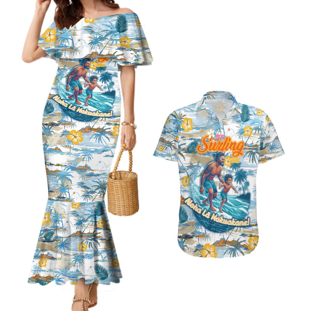 Hawaii Father's Day It's Surfing Time Couples Matching Mermaid Dress and Hawaiian Shirt Aloha Lā Makuakane