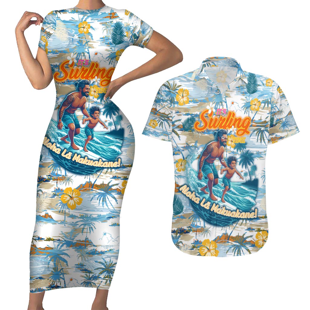 Hawaii Father's Day It's Surfing Time Couples Matching Short Sleeve Bodycon Dress and Hawaiian Shirt Aloha Lā Makuakane