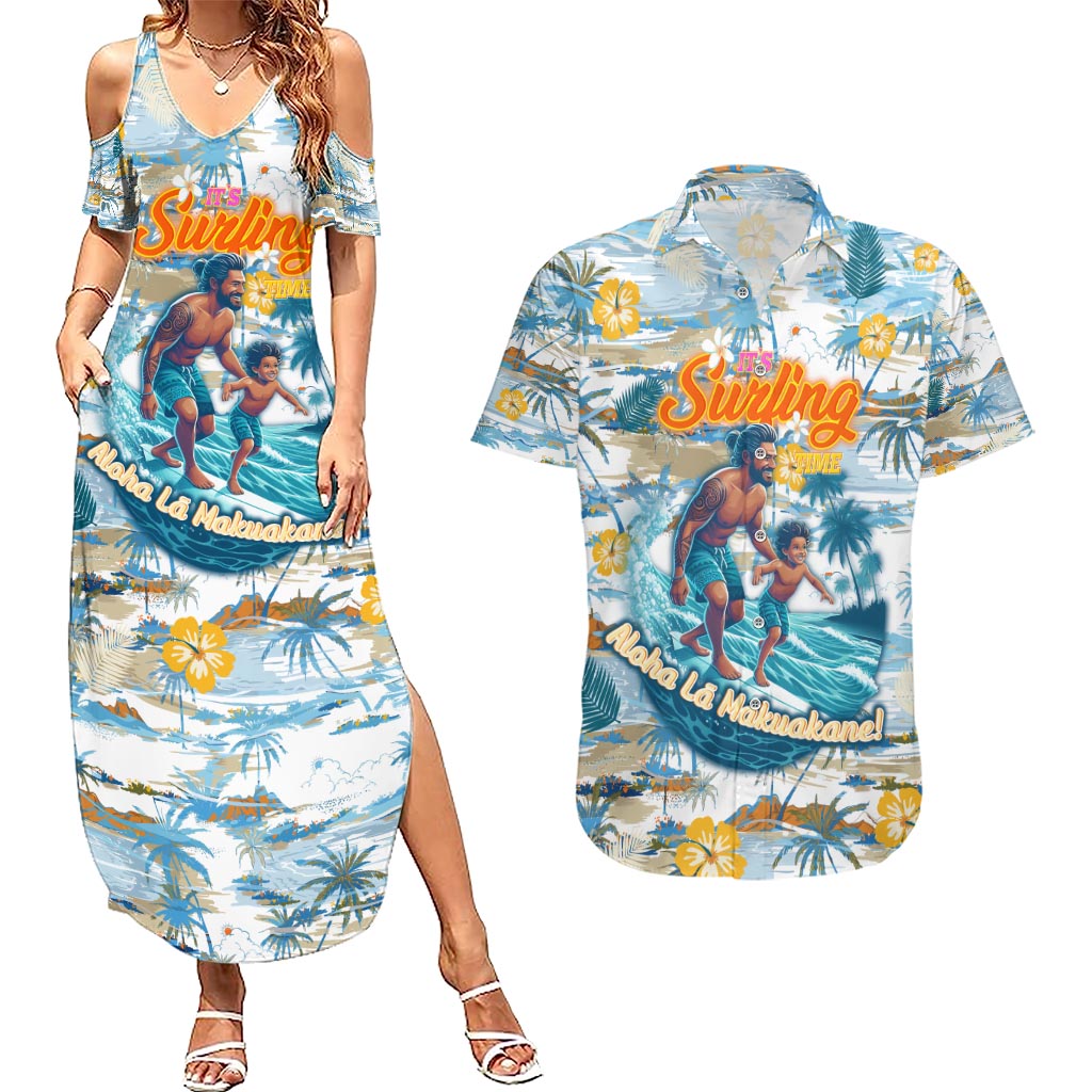 Hawaii Father's Day It's Surfing Time Couples Matching Summer Maxi Dress and Hawaiian Shirt Aloha Lā Makuakane