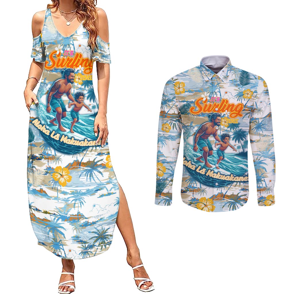 Hawaii Father's Day It's Surfing Time Couples Matching Summer Maxi Dress and Long Sleeve Button Shirt Aloha Lā Makuakane