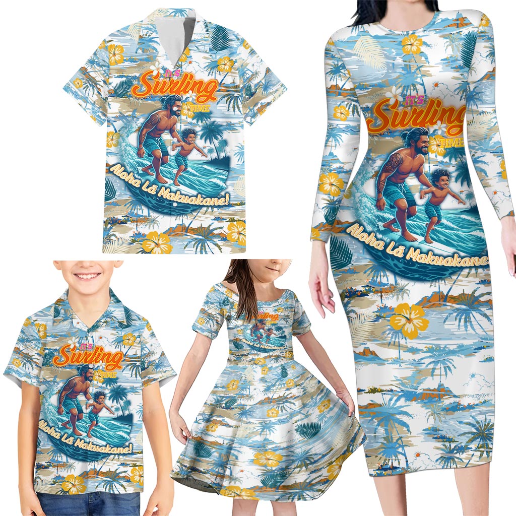 Hawaii Father's Day It's Surfing Time Family Matching Long Sleeve Bodycon Dress and Hawaiian Shirt Aloha Lā Makuakane