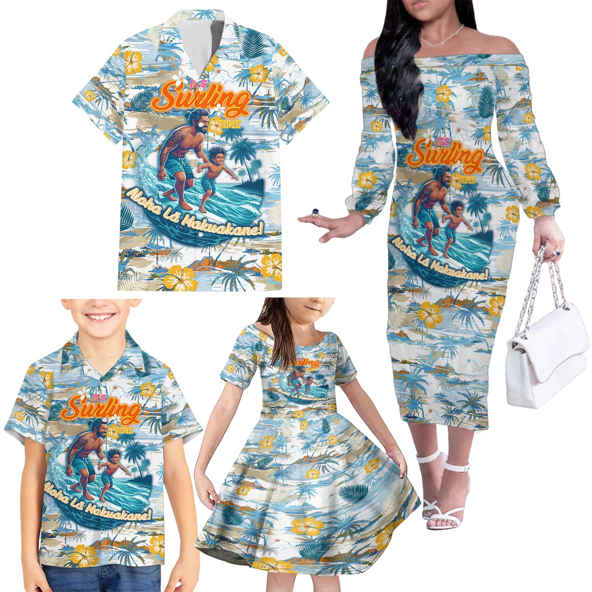 Hawaii Father's Day It's Surfing Time Family Matching Off The Shoulder Long Sleeve Dress and Hawaiian Shirt Aloha Lā Makuakane