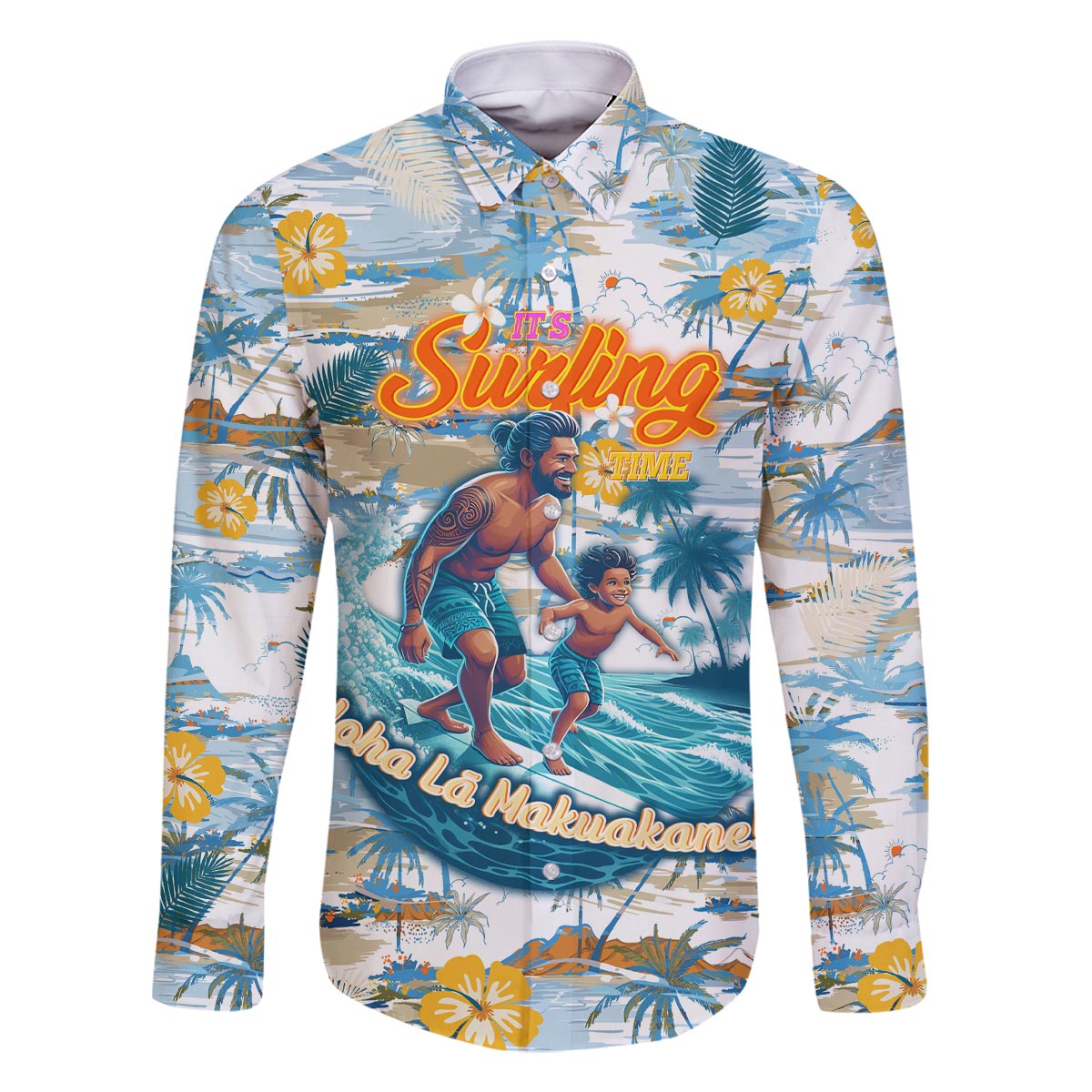 Hawaii Father's Day It's Surfing Time Family Matching Off The Shoulder Long Sleeve Dress and Hawaiian Shirt Aloha L Makuakane DT02 Dad's Shirt - Long Sleeve Blue - Polynesian Pride