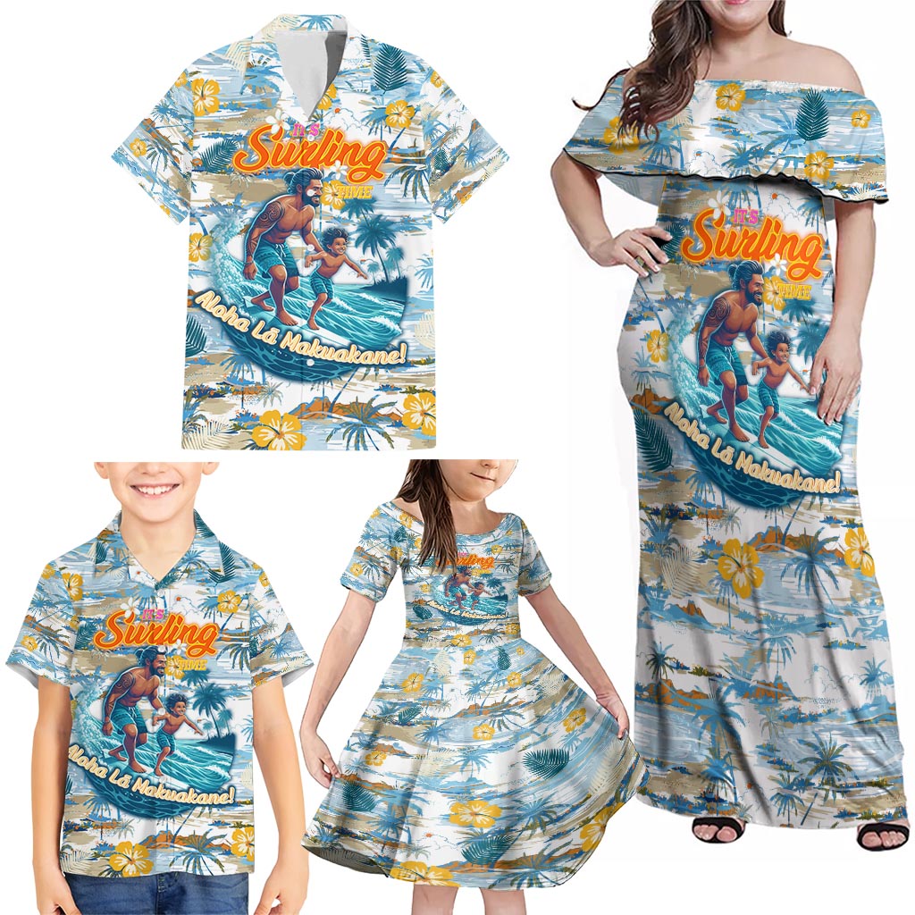 Hawaii Father's Day It's Surfing Time Family Matching Off Shoulder Maxi Dress and Hawaiian Shirt Aloha Lā Makuakane