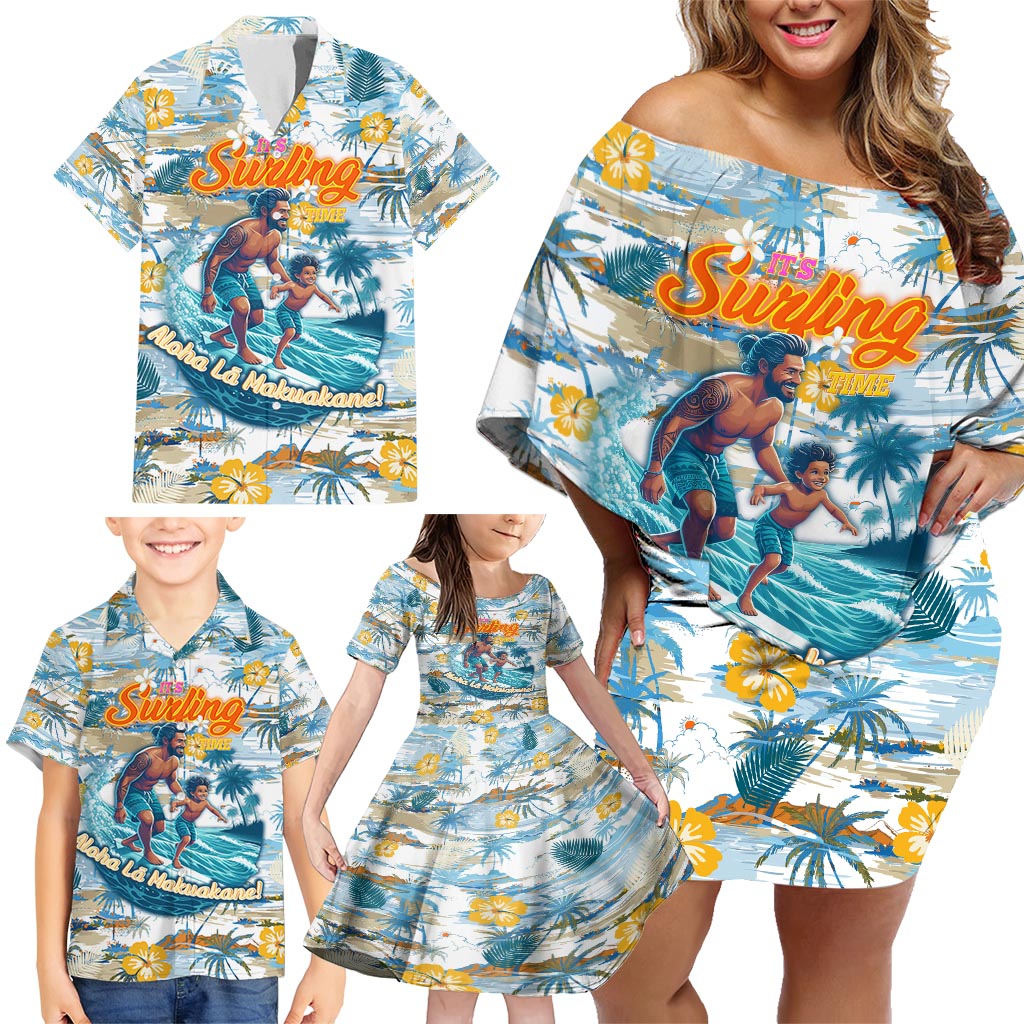 Hawaii Father's Day It's Surfing Time Family Matching Off Shoulder Short Dress and Hawaiian Shirt Aloha Lā Makuakane