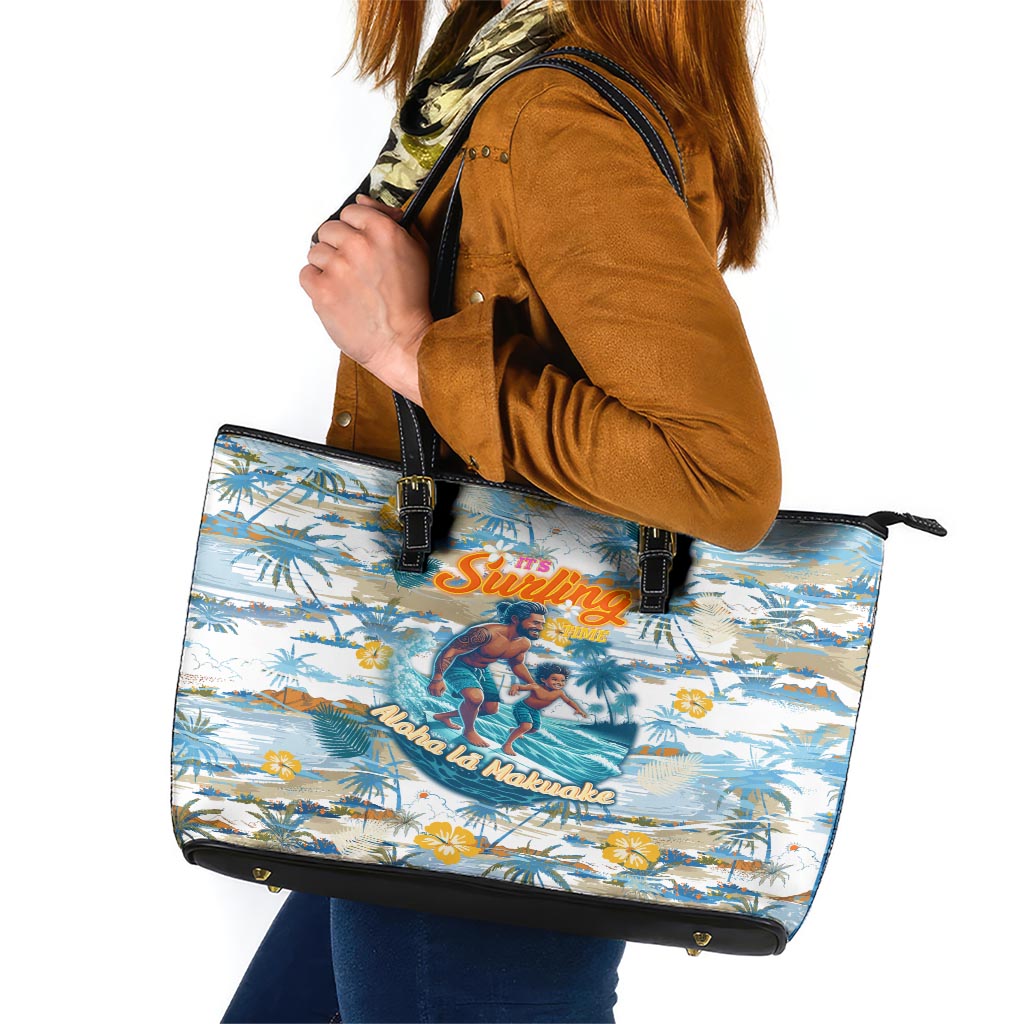Hawaii Father's Day It's Surfing Time Leather Tote Bag Aloha L Makuakane DT02 Blue - Polynesian Pride
