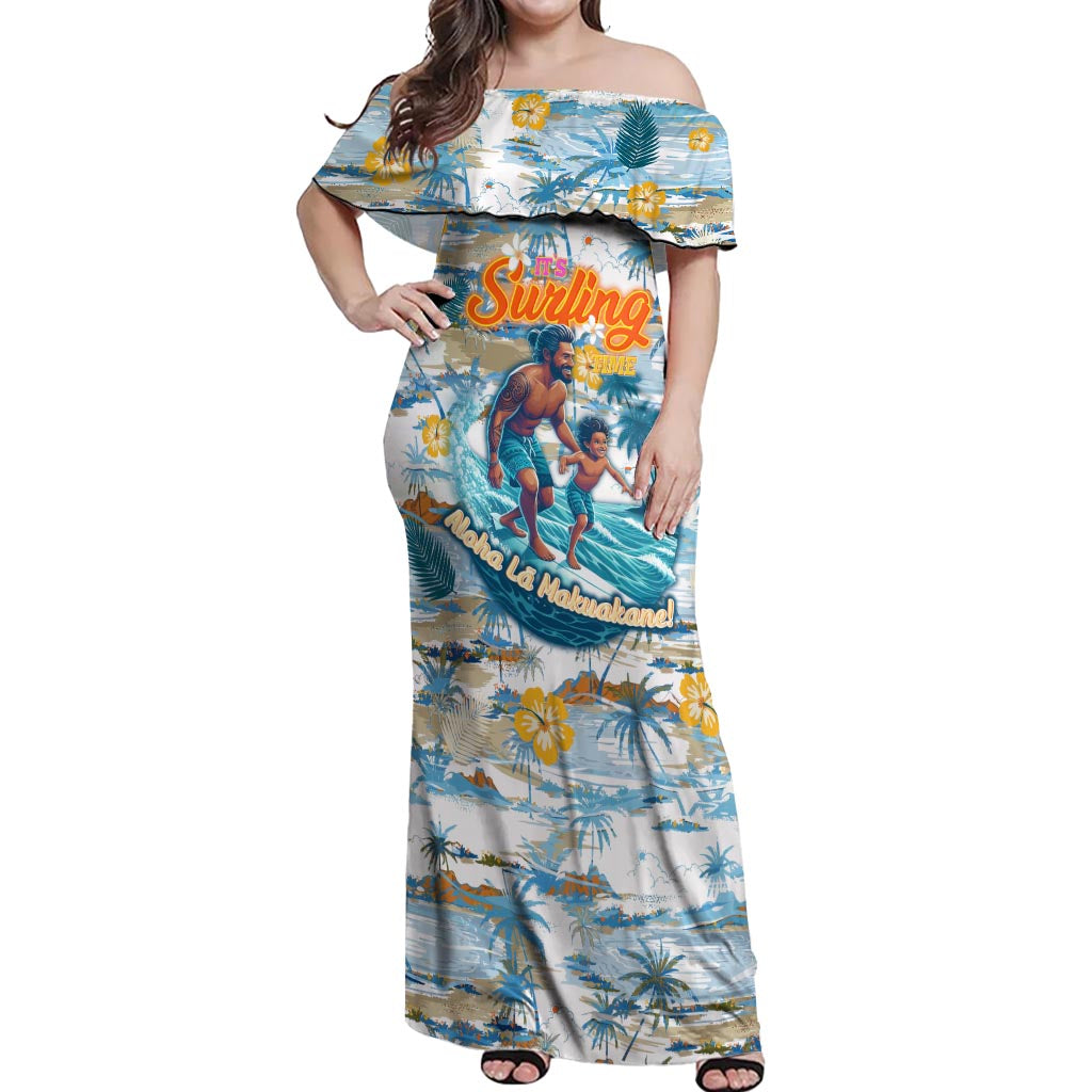 Hawaii Father's Day It's Surfing Time Off Shoulder Maxi Dress Aloha L Makuakane DT02 Women Blue - Polynesian Pride