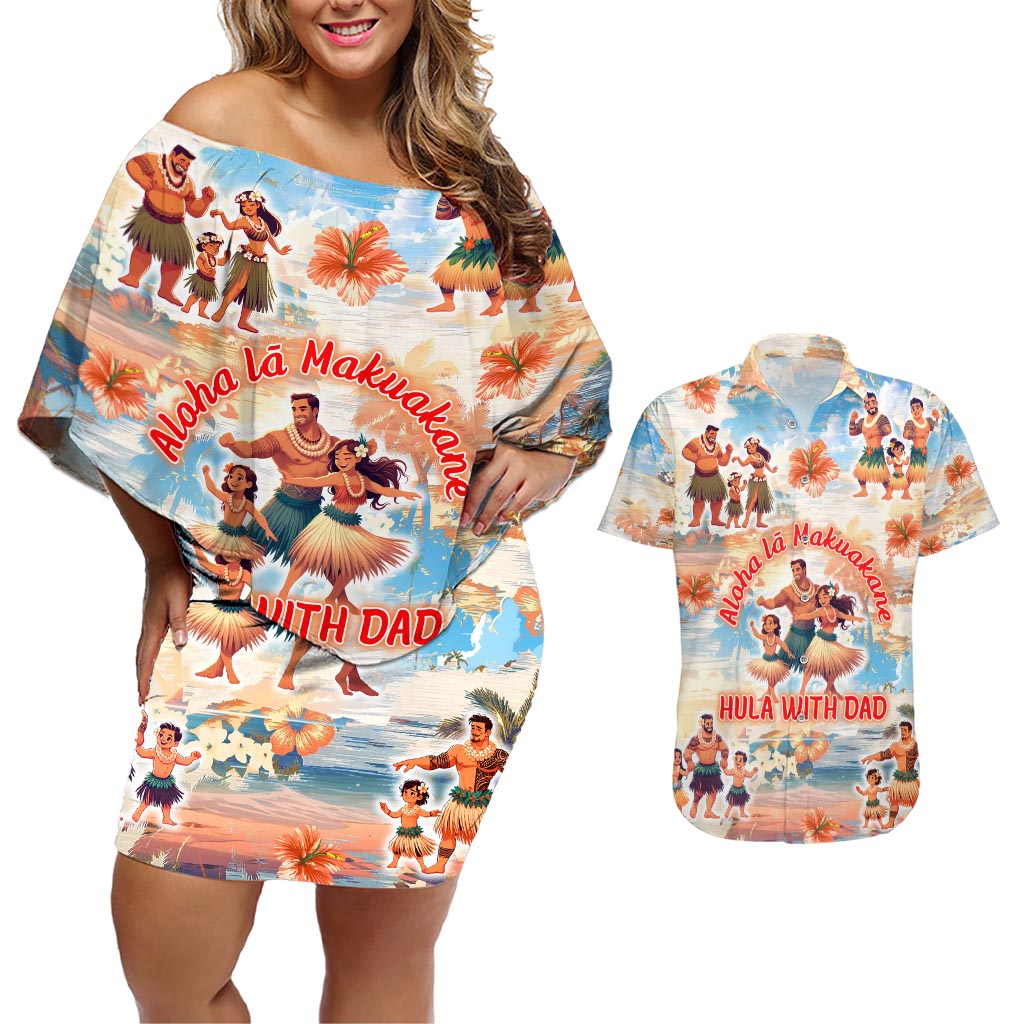 Hawaii Father's Day Couples Matching Off Shoulder Short Dress and Hawaiian Shirt Hula With Dad