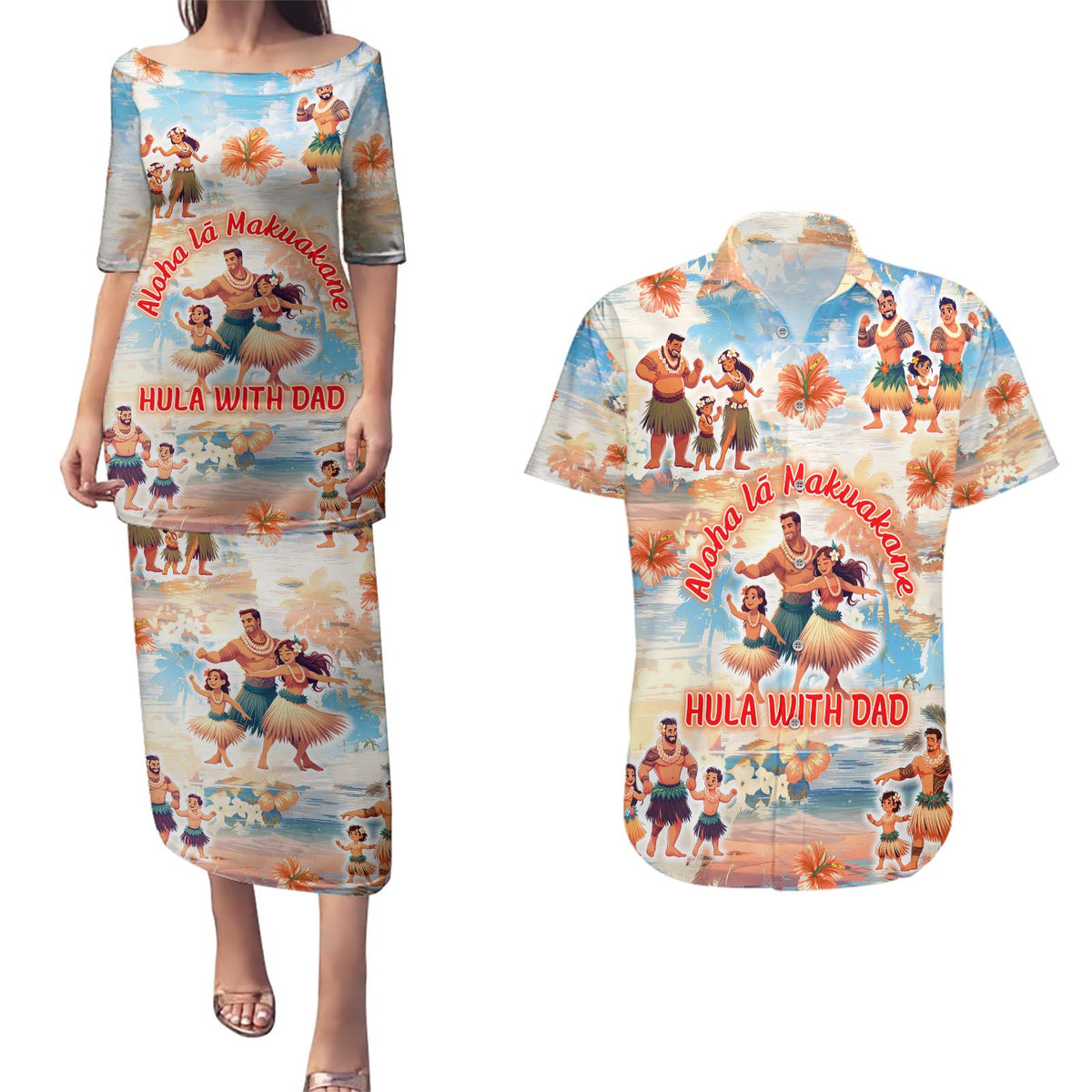 Hawaii Father's Day Couples Matching Puletasi and Hawaiian Shirt Hula With Dad