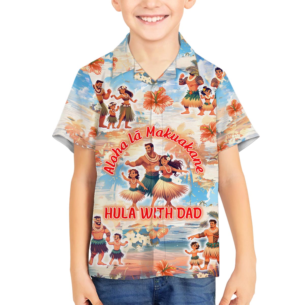 Hawaii Father's Day Family Matching Off The Shoulder Long Sleeve Dress and Hawaiian Shirt Hula With Dad