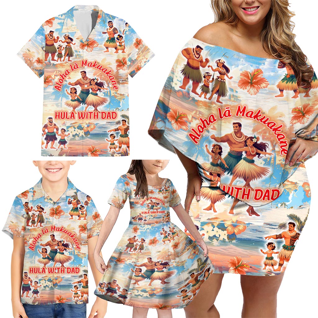 Hawaii Father's Day Family Matching Off Shoulder Short Dress and Hawaiian Shirt Hula With Dad