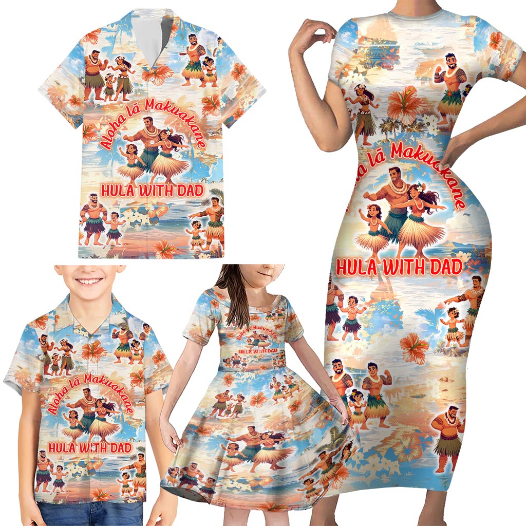 Hawaii Father's Day Family Matching Short Sleeve Bodycon Dress and Hawaiian Shirt Hula With Dad