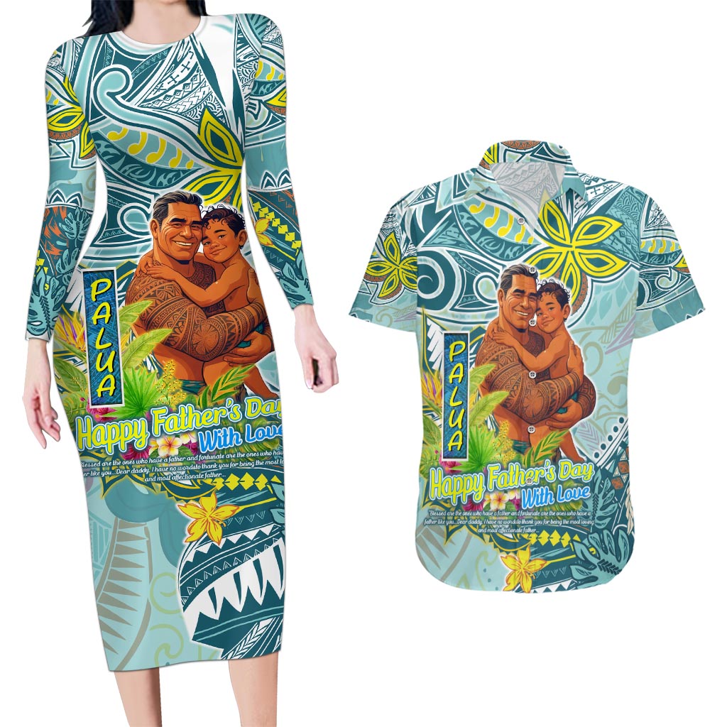 Palau Father's Day Polynesia Couples Matching Long Sleeve Bodycon Dress and Hawaiian Shirt Dad and Son