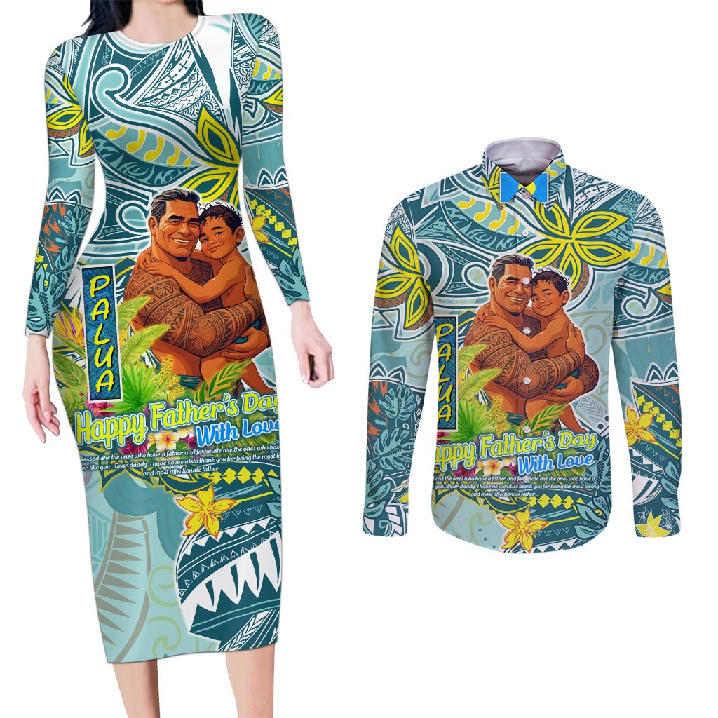 Palau Father's Day Polynesia Couples Matching Long Sleeve Bodycon Dress and Long Sleeve Button Shirt Dad and Son