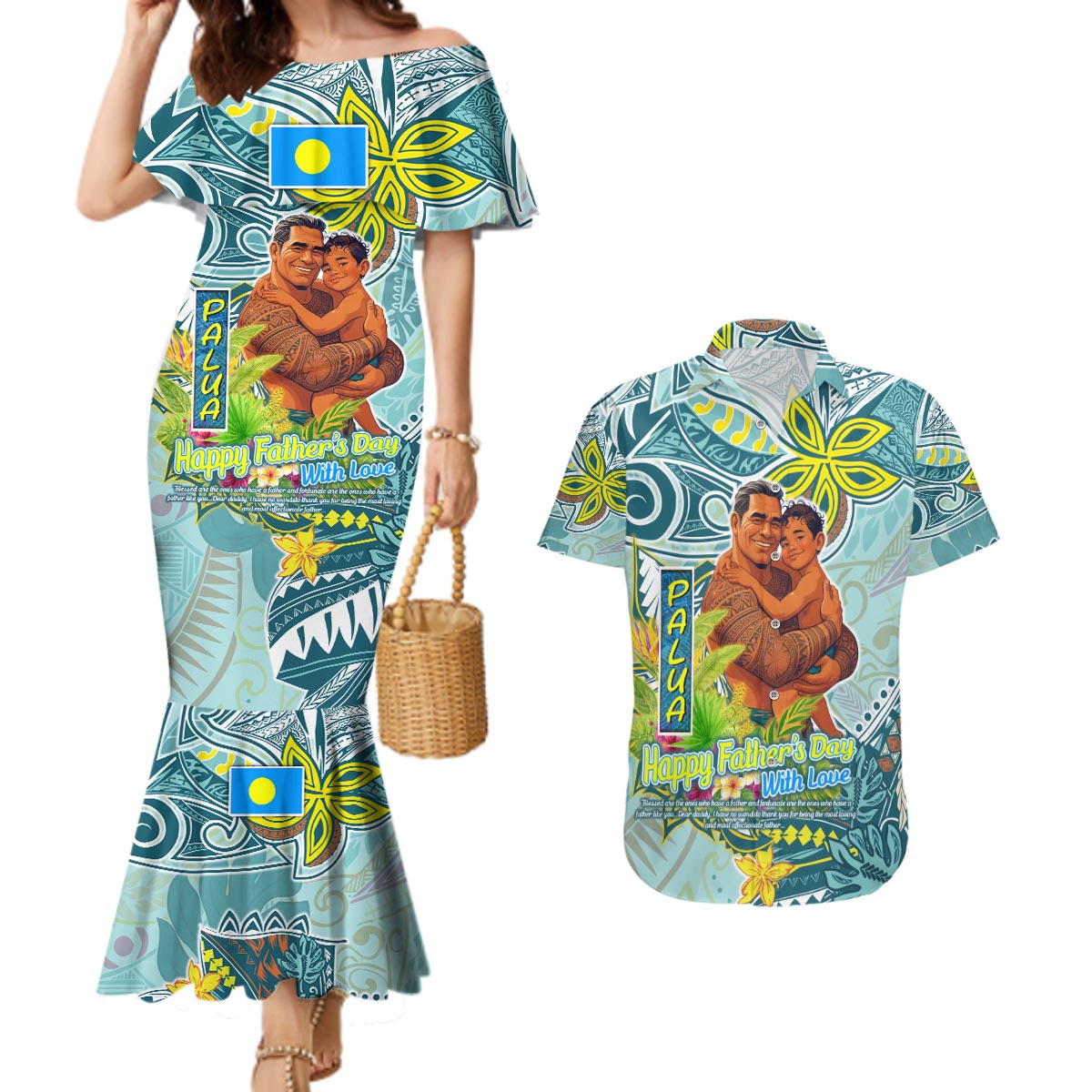 Palau Father's Day Polynesia Couples Matching Mermaid Dress and Hawaiian Shirt Dad and Son
