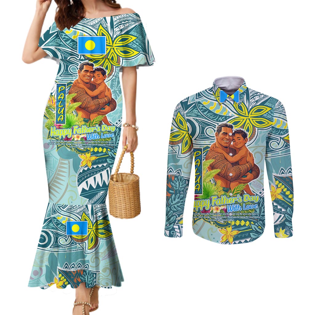 Palau Father's Day Polynesia Couples Matching Mermaid Dress and Long Sleeve Button Shirt Dad and Son