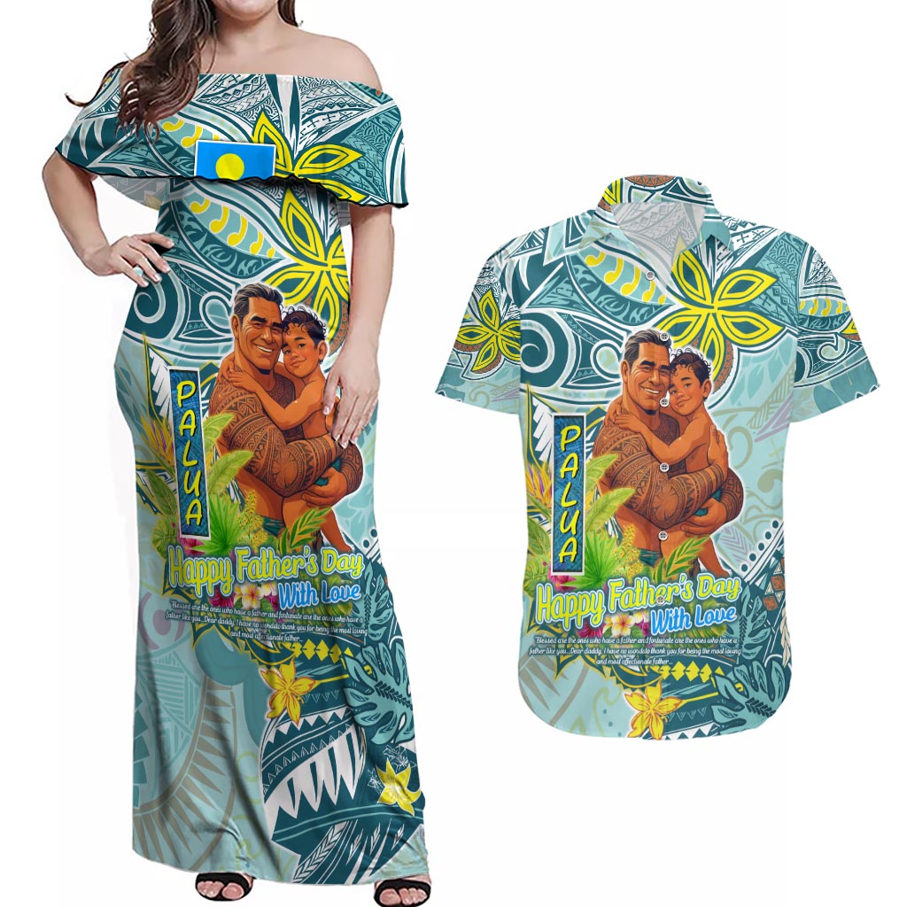 Palau Father's Day Polynesia Couples Matching Off Shoulder Maxi Dress and Hawaiian Shirt Dad and Son