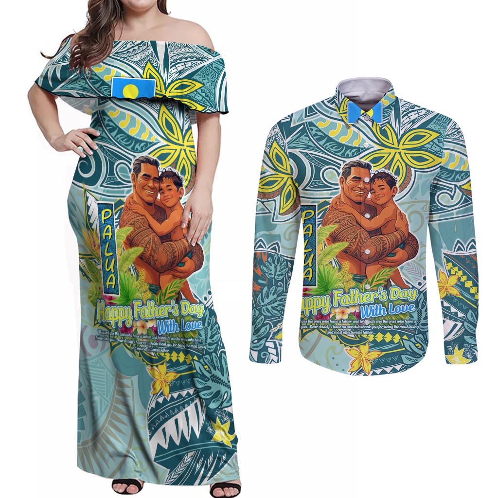 Palau Father's Day Polynesia Couples Matching Off Shoulder Maxi Dress and Long Sleeve Button Shirt Dad and Son