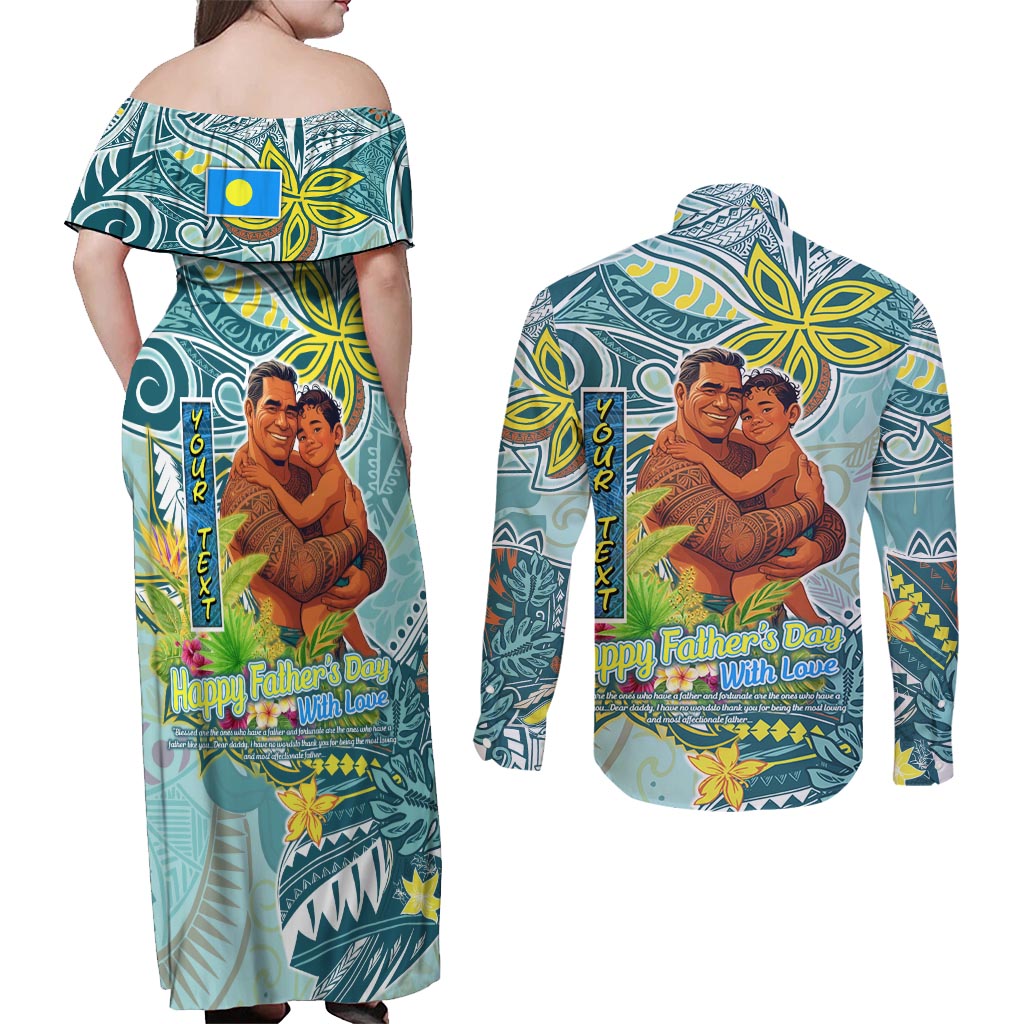 Palau Father's Day Polynesia Couples Matching Off Shoulder Maxi Dress and Long Sleeve Button Shirt Dad and Son