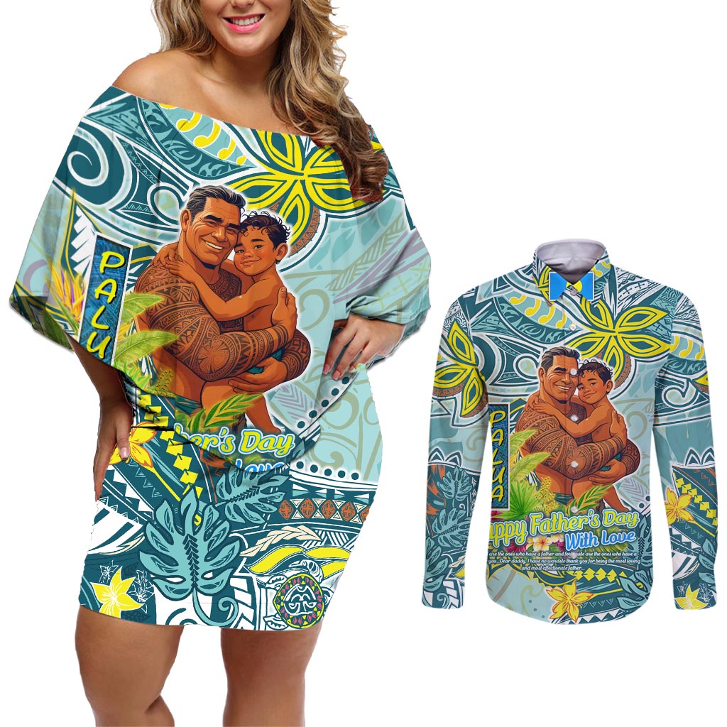 Palau Father's Day Polynesia Couples Matching Off Shoulder Short Dress and Long Sleeve Button Shirt Dad and Son