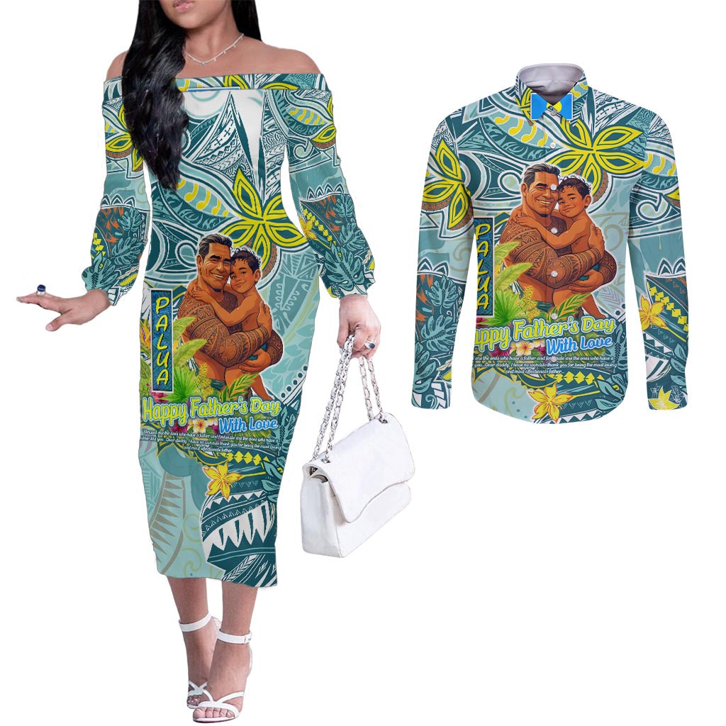 Palau Father's Day Polynesia Couples Matching Off The Shoulder Long Sleeve Dress and Long Sleeve Button Shirt Dad and Son