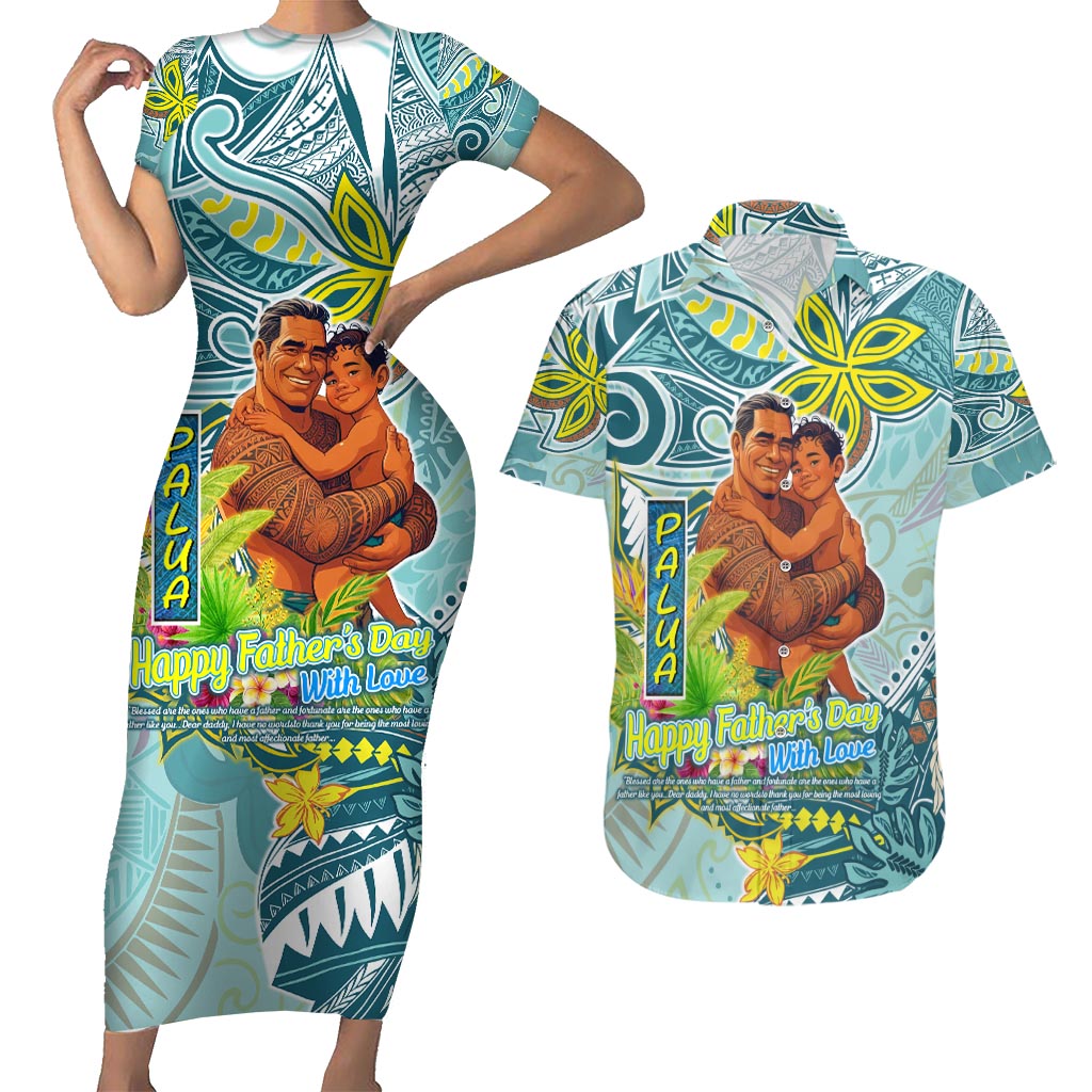 Palau Father's Day Polynesia Couples Matching Short Sleeve Bodycon Dress and Hawaiian Shirt Dad and Son