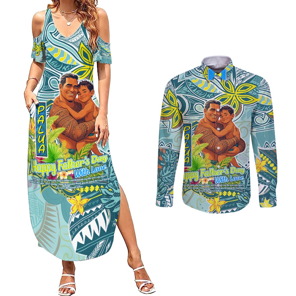 Palau Father's Day Polynesia Couples Matching Summer Maxi Dress and Long Sleeve Button Shirt Dad and Son