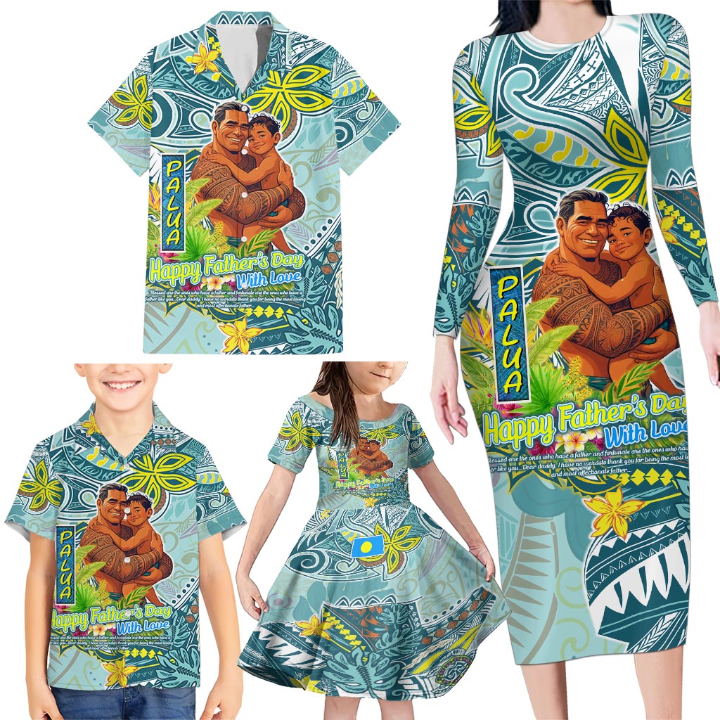 Palau Father's Day Polynesia Family Matching Long Sleeve Bodycon Dress and Hawaiian Shirt Dad and Son