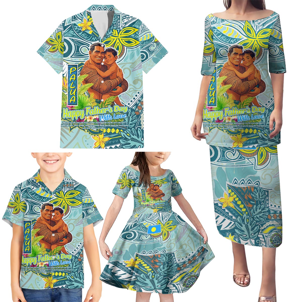 Palau Father's Day Polynesia Family Matching Puletasi and Hawaiian Shirt Dad and Son