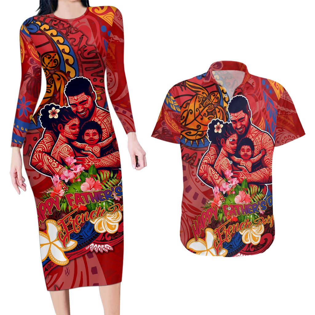 Happy Father's Day French Polynesia Couples Matching Long Sleeve Bodycon Dress and Hawaiian Shirt Family Turtle Hibiscus
