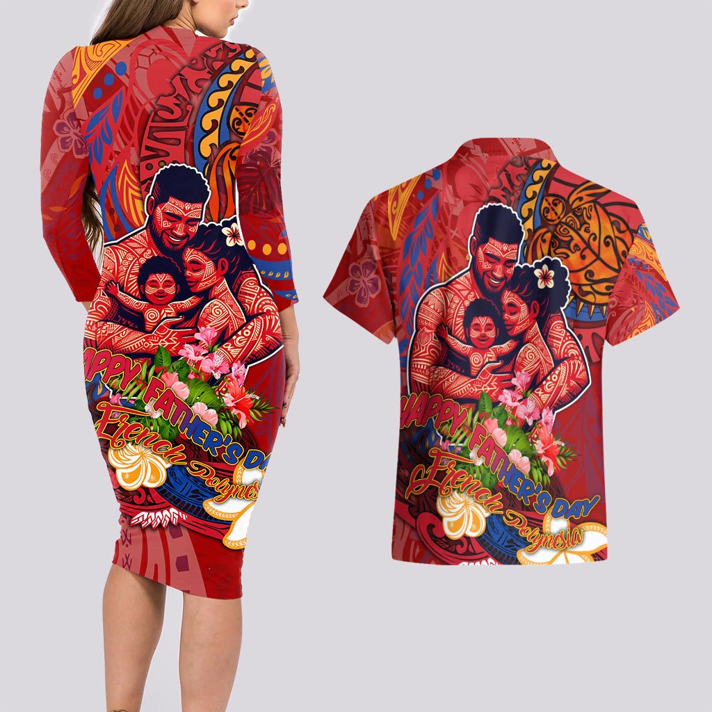 Happy Father's Day French Polynesia Couples Matching Long Sleeve Bodycon Dress and Hawaiian Shirt Family Turtle Hibiscus