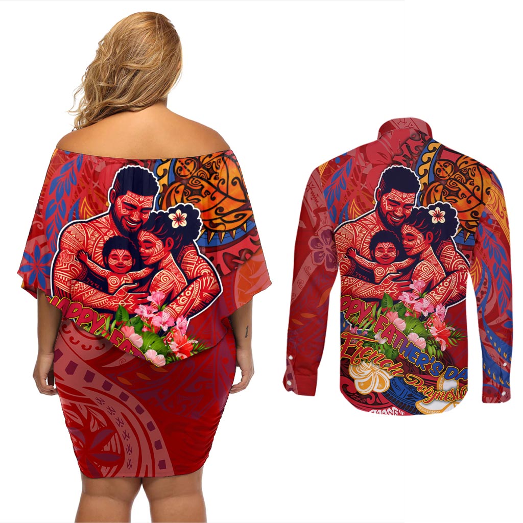Happy Father's Day French Polynesia Couples Matching Off Shoulder Short Dress and Long Sleeve Button Shirt Family Turtle Hibiscus