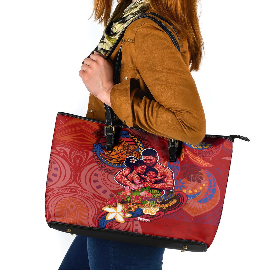 Happy Father's Day French Polynesia Leather Tote Bag Family Turtle Hibiscus DT02 Red - Polynesian Pride