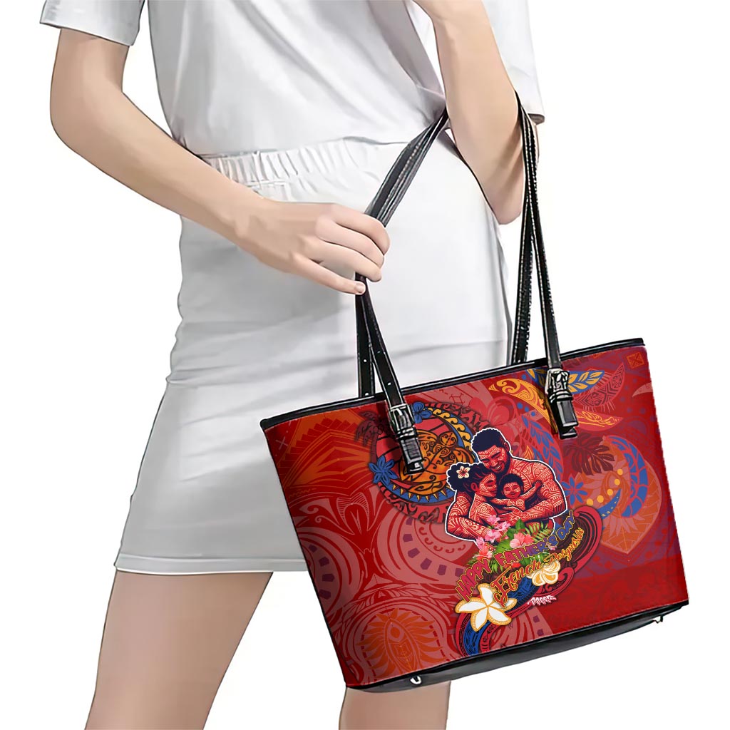 Happy Father's Day French Polynesia Leather Tote Bag Family Turtle Hibiscus DT02 - Polynesian Pride