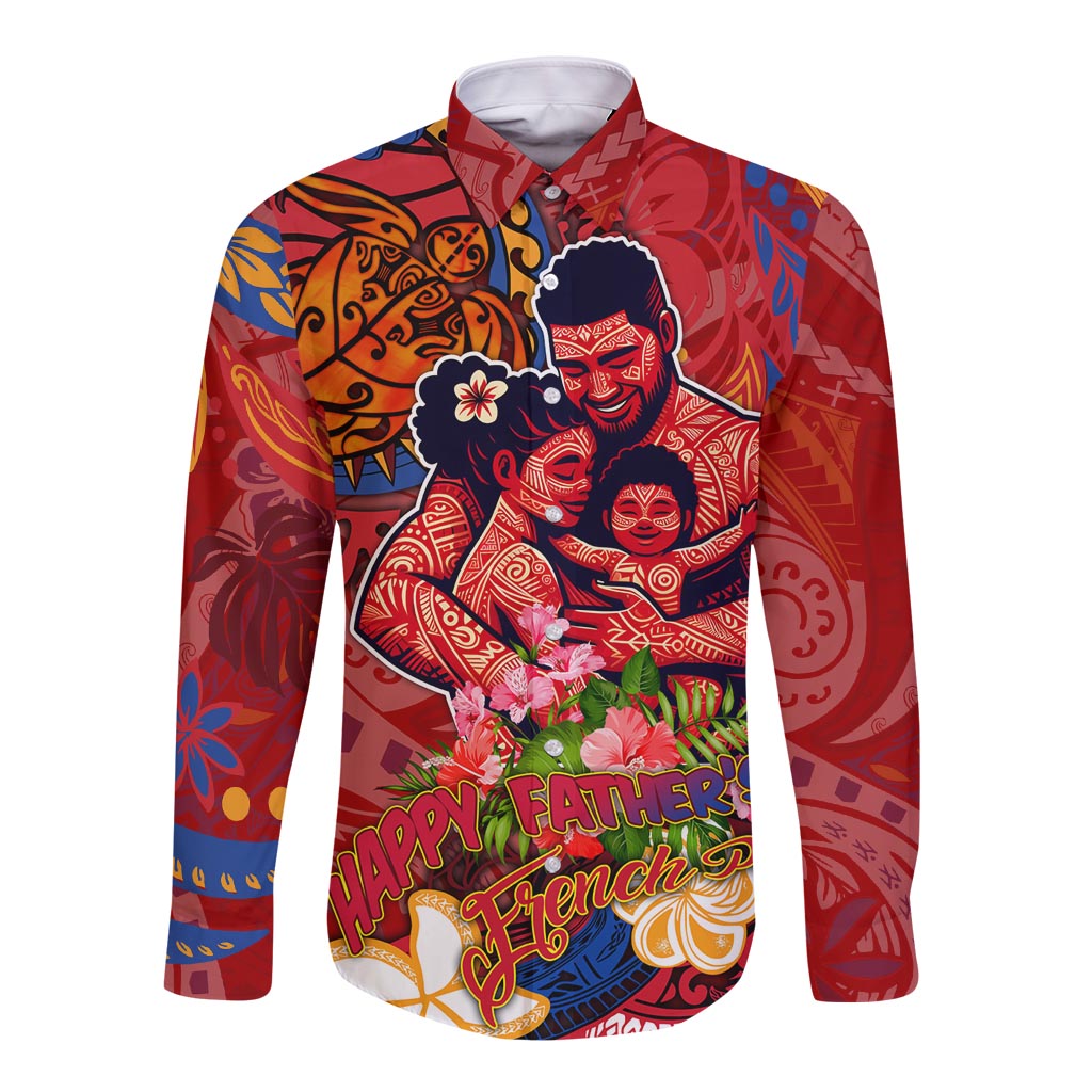 Happy Father's Day French Polynesia Long Sleeve Button Shirt Family Turtle Hibiscus