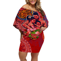 Happy Father's Day French Polynesia Off Shoulder Short Dress Family Turtle Hibiscus DT02 Women Red - Polynesian Pride