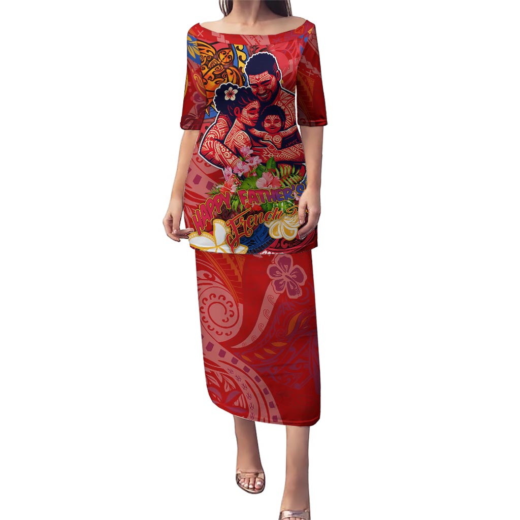 Happy Father's Day French Polynesia Puletasi Family Turtle Hibiscus DT02 Long Dress Red - Polynesian Pride