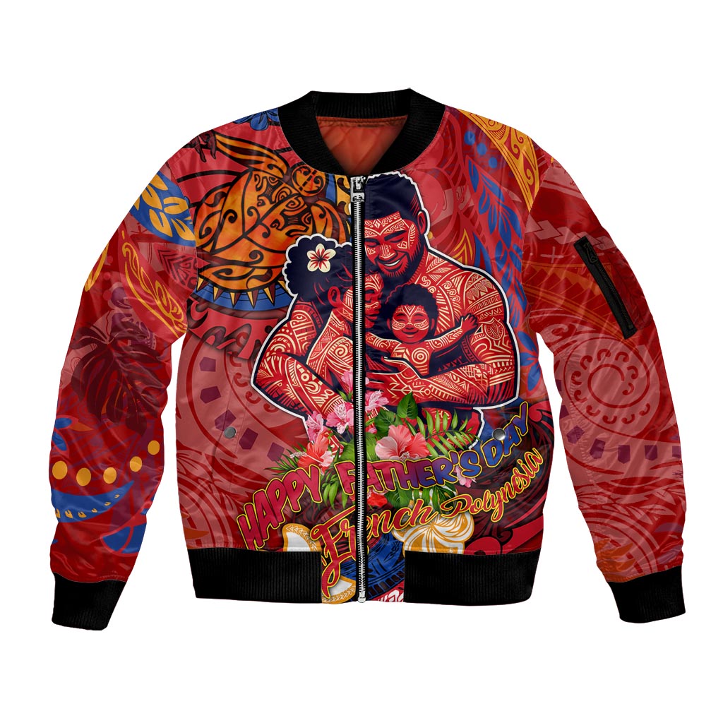 Happy Father's Day French Polynesia Sleeve Zip Bomber Jacket Family Turtle Hibiscus