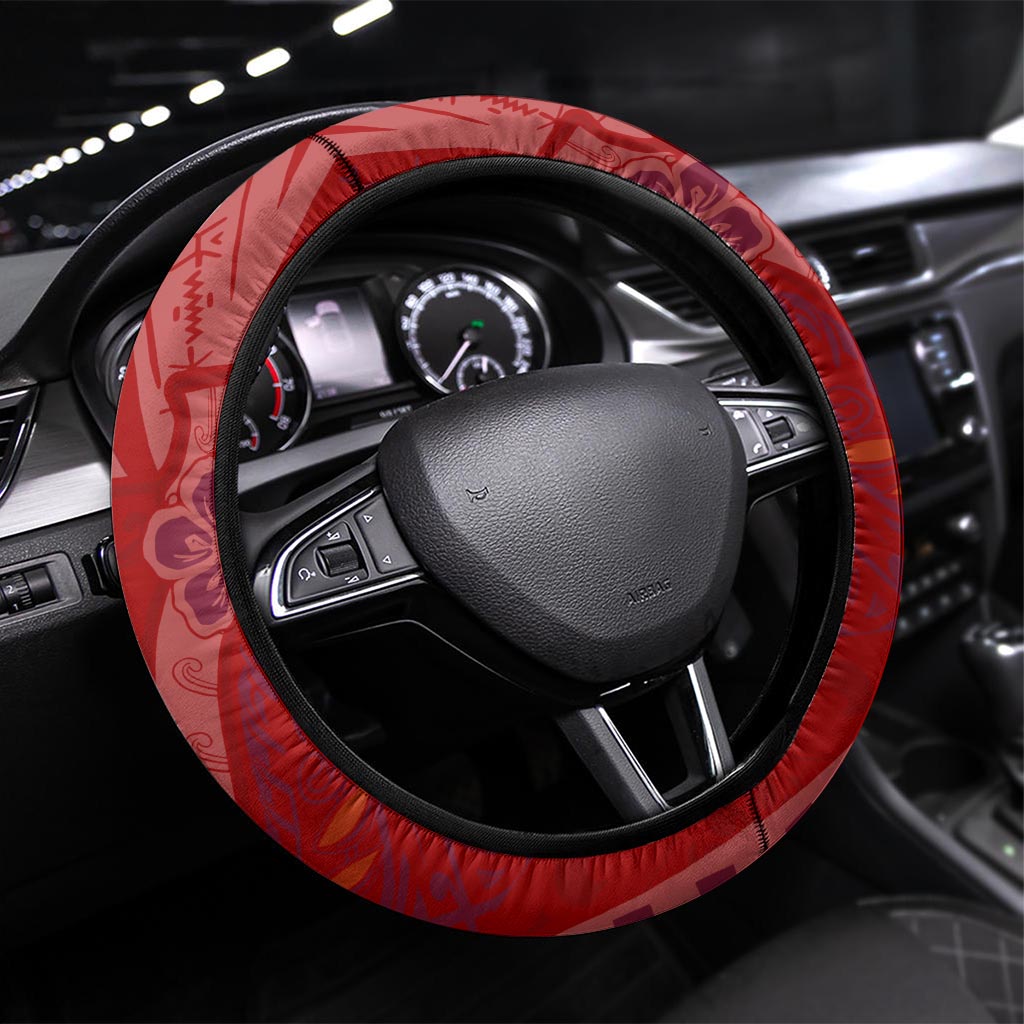 Happy Father's Day French Polynesia Steering Wheel Cover Family Turtle Hibiscus DT02 Universal Fit Red - Polynesian Pride