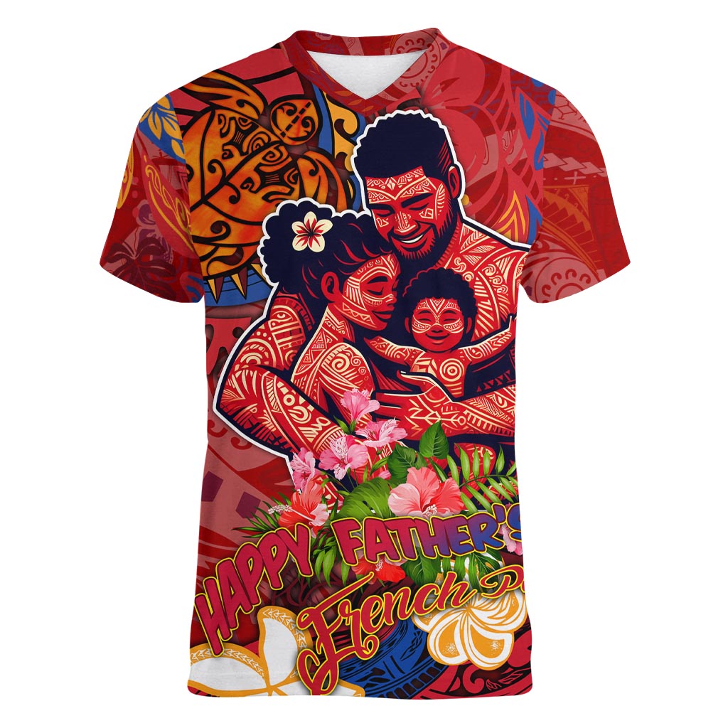 Happy Father's Day French Polynesia Women V-Neck T-Shirt Family Turtle Hibiscus