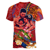 Happy Father's Day French Polynesia Women V-Neck T-Shirt Family Turtle Hibiscus