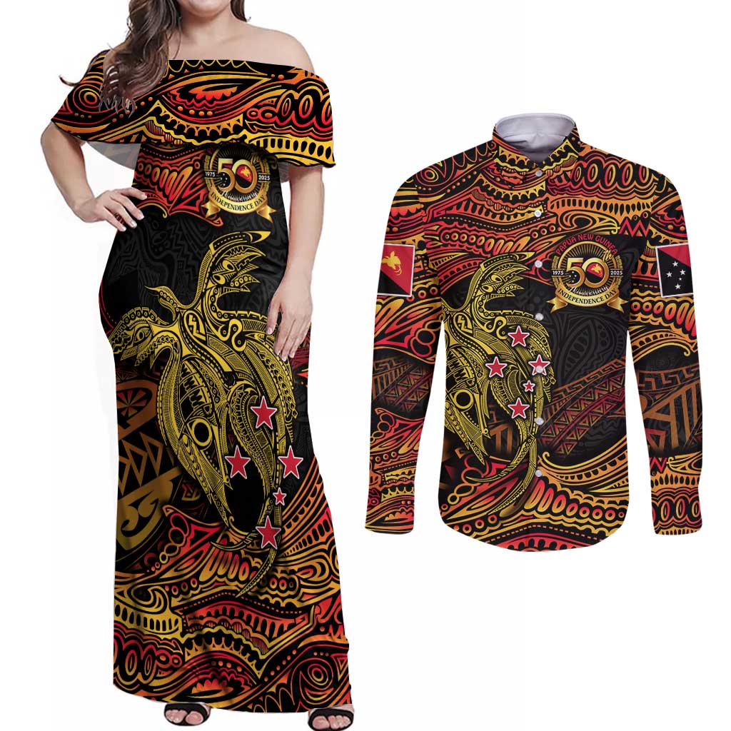 Papua New Guinea 50th Independence Day Couples Matching Off Shoulder Maxi Dress and Long Sleeve Button Shirt Culture Spirit and Sovereignty DT02 Art - Polynesian Pride
